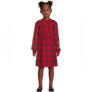 Wonder Nation Girls Chiffon Peasant Dress Red Plaid Long Sleeve Size 7/8